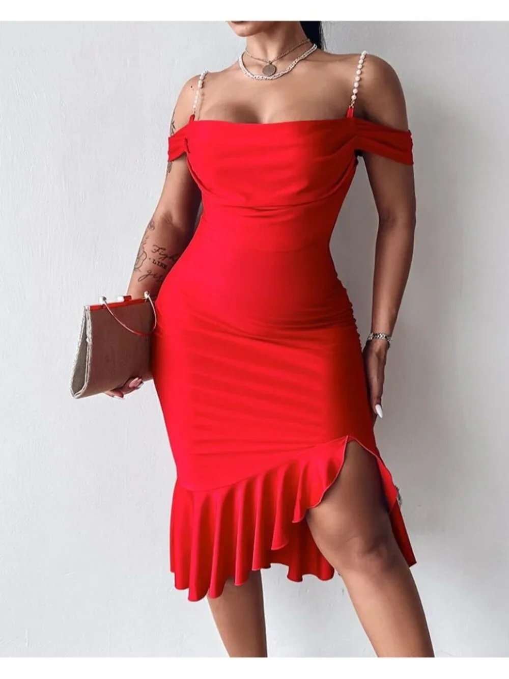 👗Women's Red Off Shoulder Design Cocktail  Pearls Strap Bodycon Midi Dress